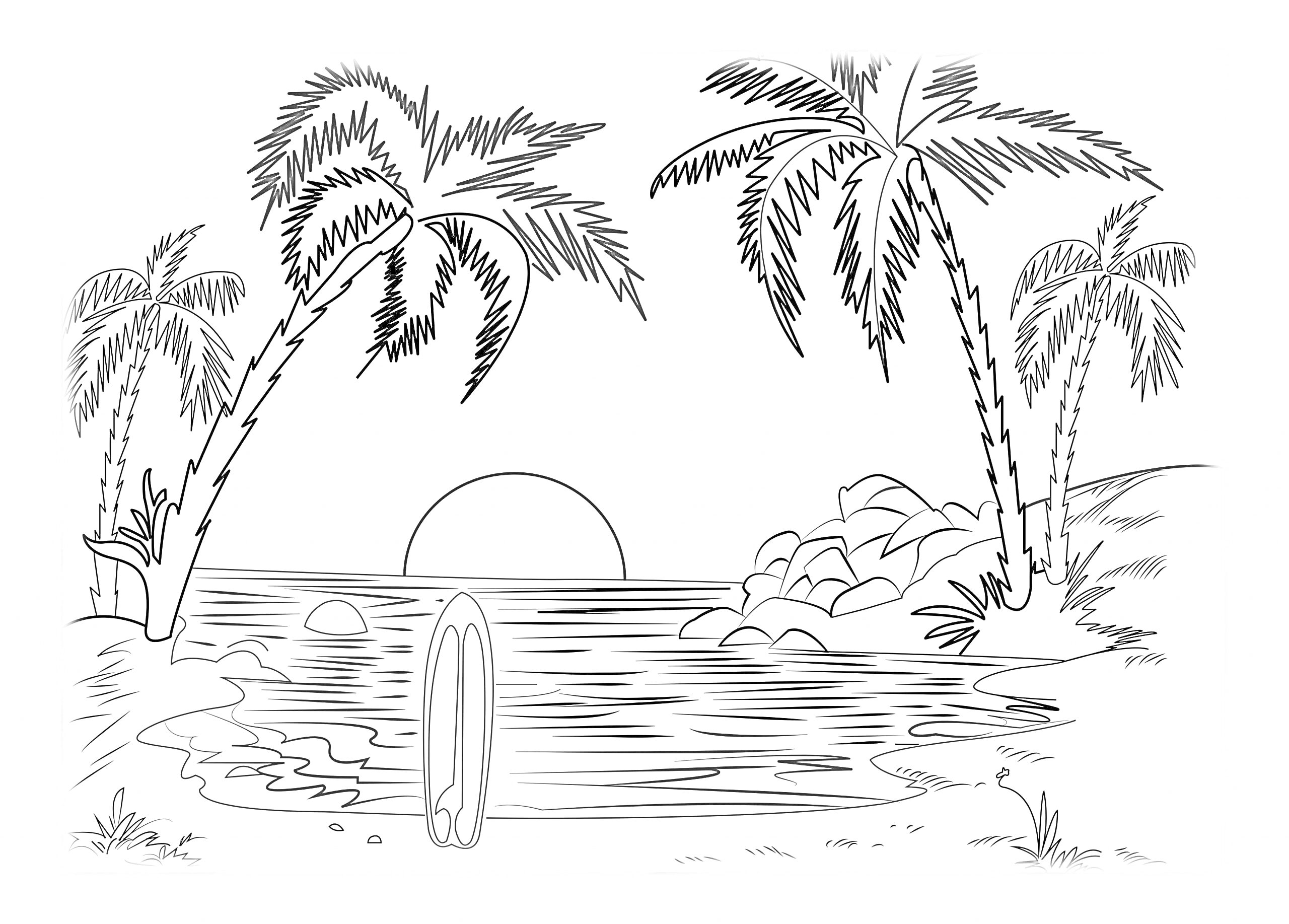 Раскраска Закат на пляже с пальмами, скалами и серфингом
