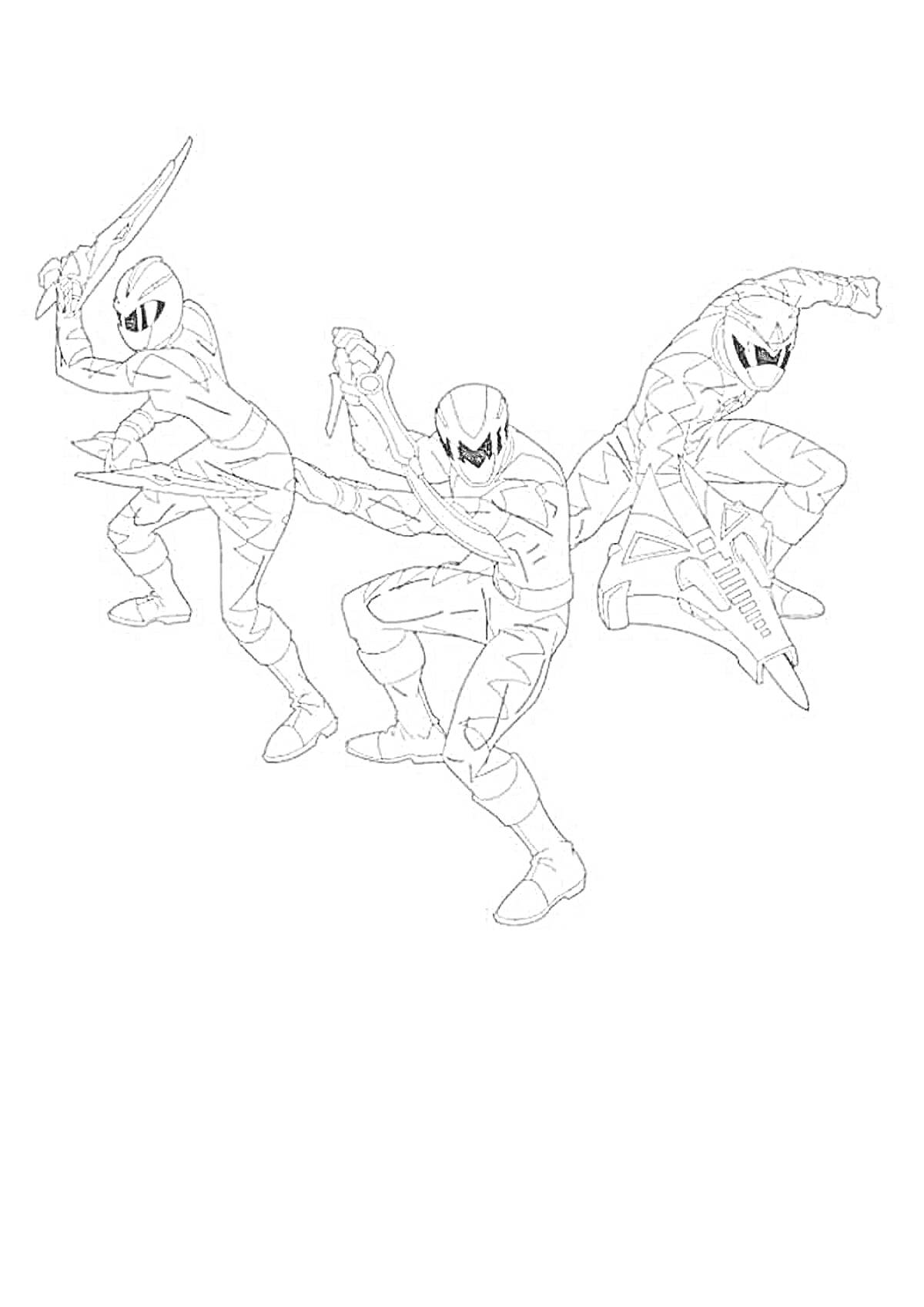 На раскраске изображено: Оружие, Боевые позы, Три персонажа