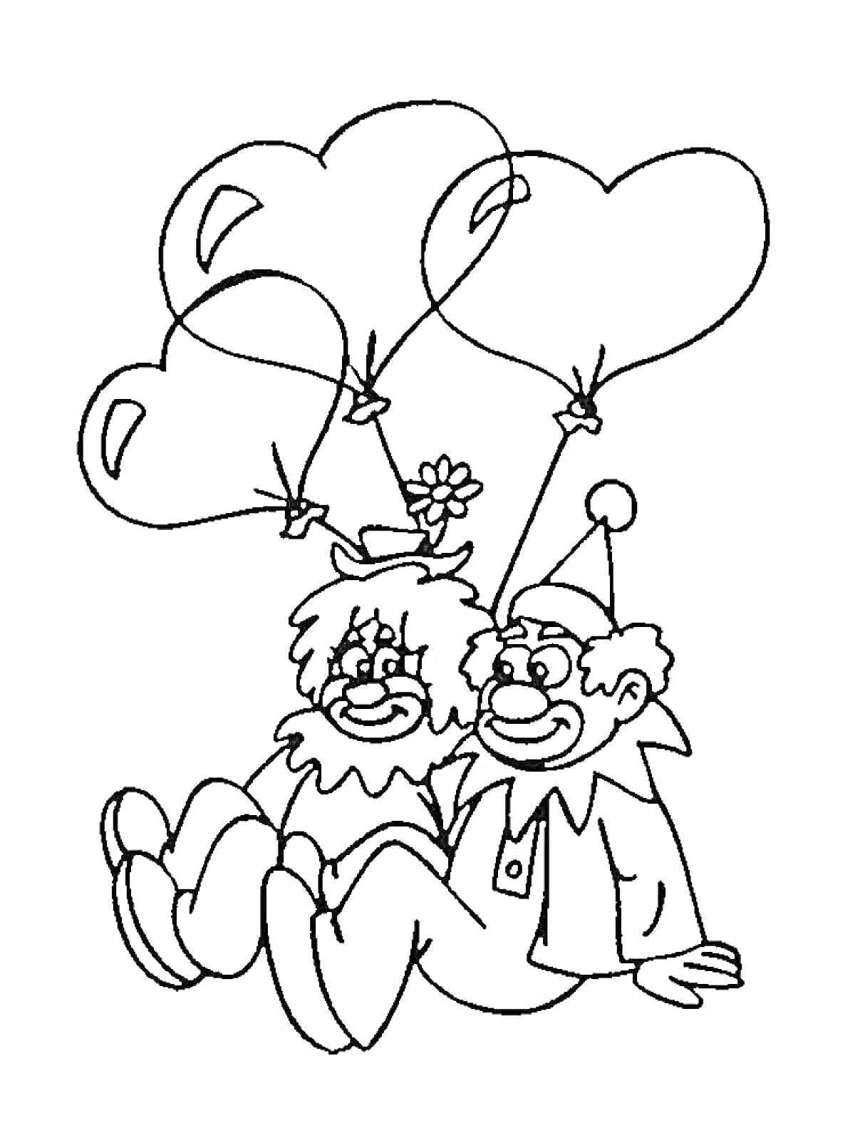 На раскраске изображено: Клоуны, Воздушные шары, Шапка с помпоном, Веселье, Цирк, Комбинезоны, Сердца, Сидеть