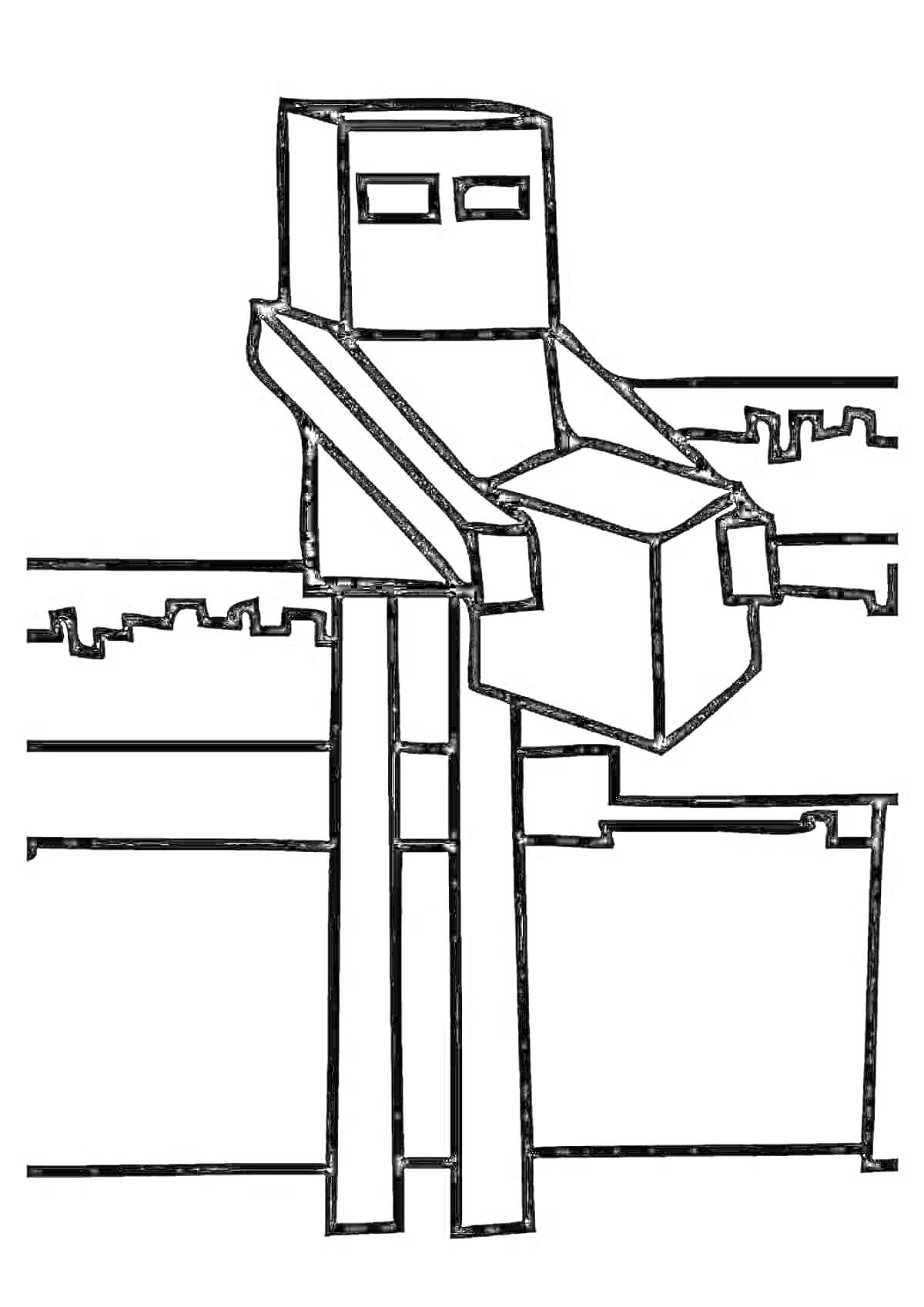 Раскраска Эндермен с блоком на фоне ландшафта в стиле Майкрафт