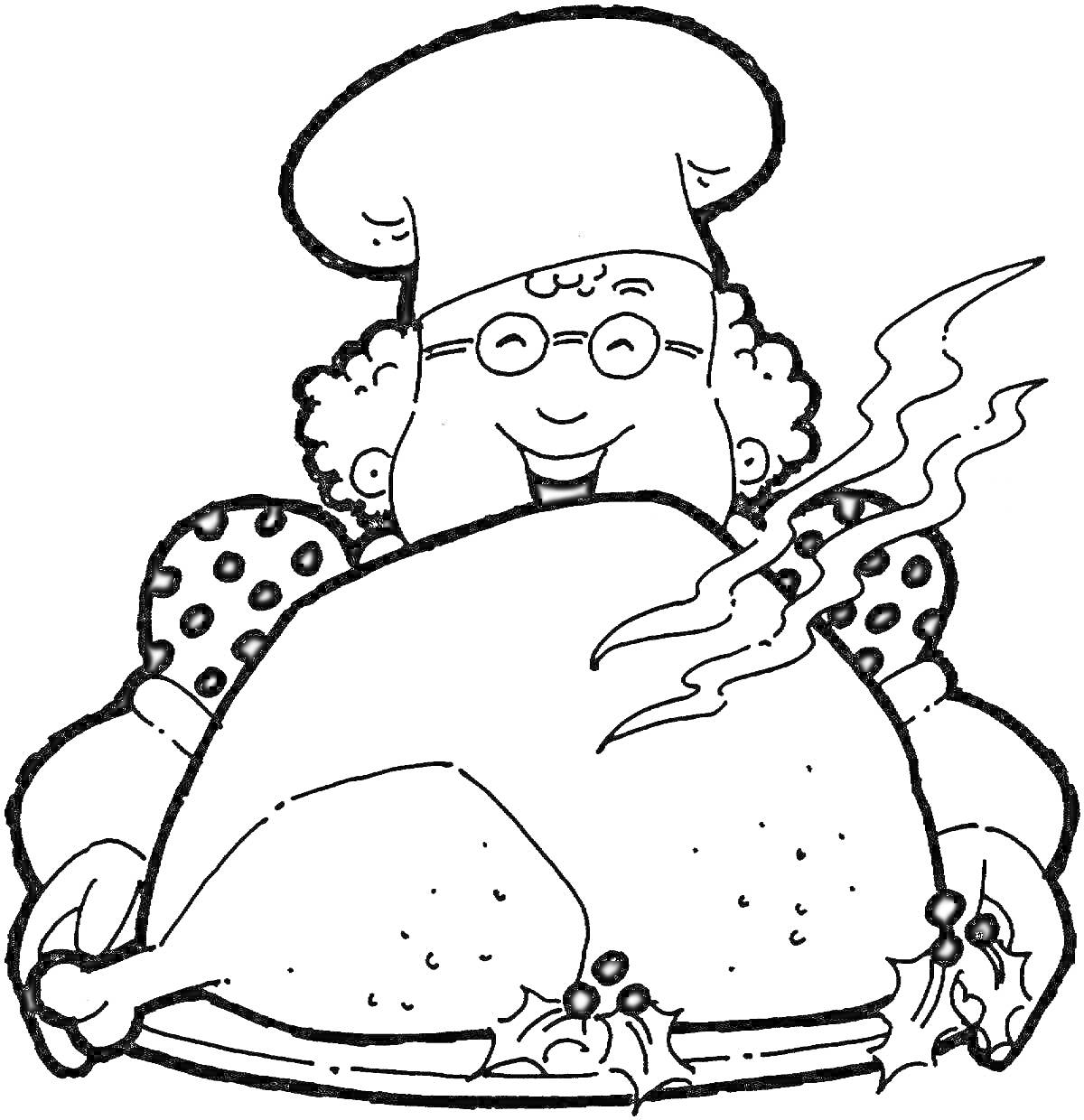 Раскраска Повар в шляпе с очками держит большую жареную индейку