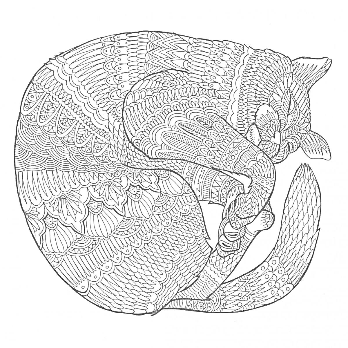 Раскраска Раскраска с узорами в виде спирали, изображение лежащей свернувшейся кошки с декоративными деталями