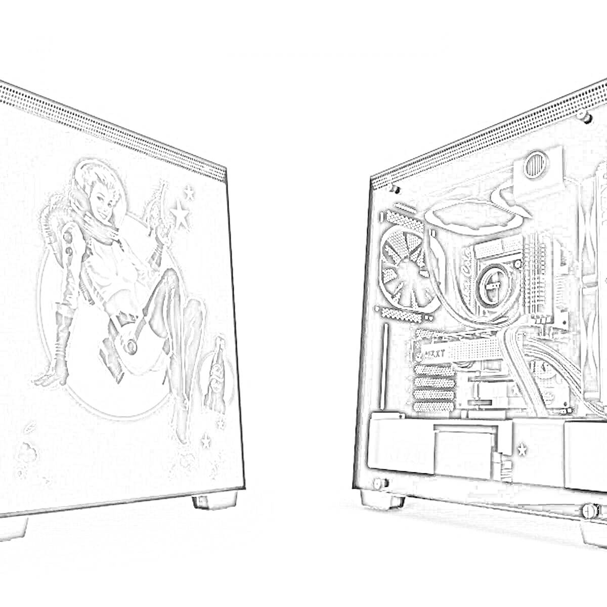 Раскраска Корпус ПК с боковой панелью с рисунком персонажа в космическом костюме и открытой панелью с установленными комплектующими (вентиляторы, кабели, водяное охлаждение, видеокарта, блок питания).