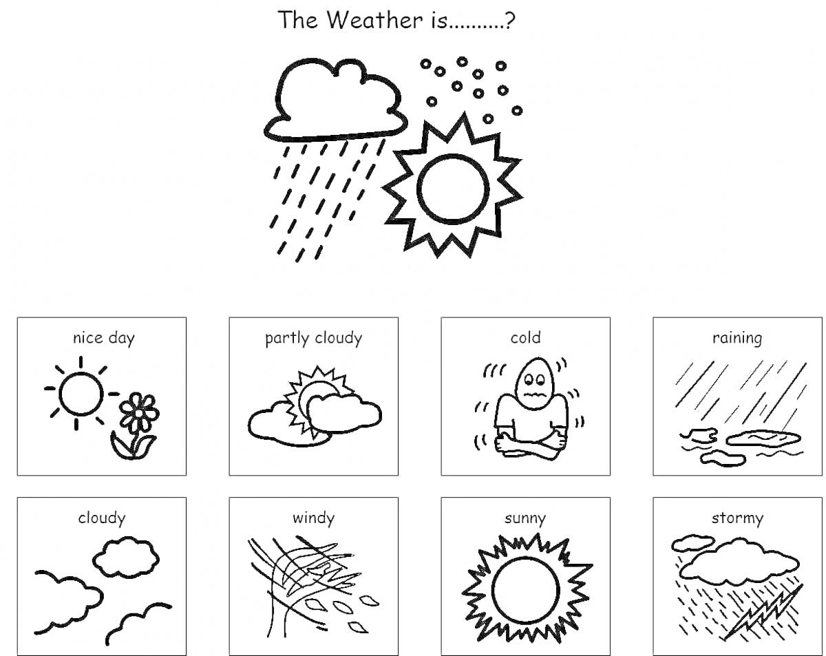 прогноз погоды с выбором из nice day, partly cloudy, cold, raining, cloudy, windy, sunny, stormy с картинками для раскрашивания