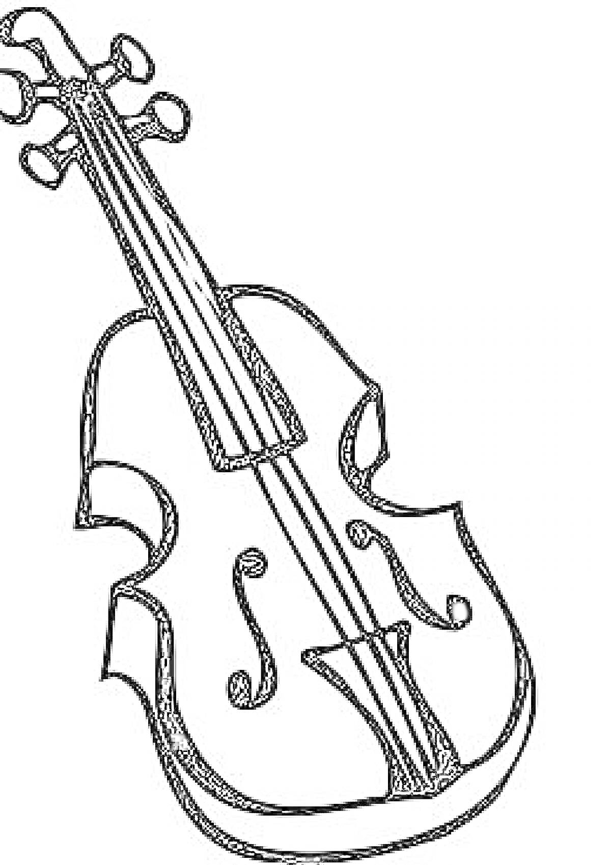 Раскраска Скрипка, изображение контурного вида скрипки с колками, подставкой, струнами и корпусом