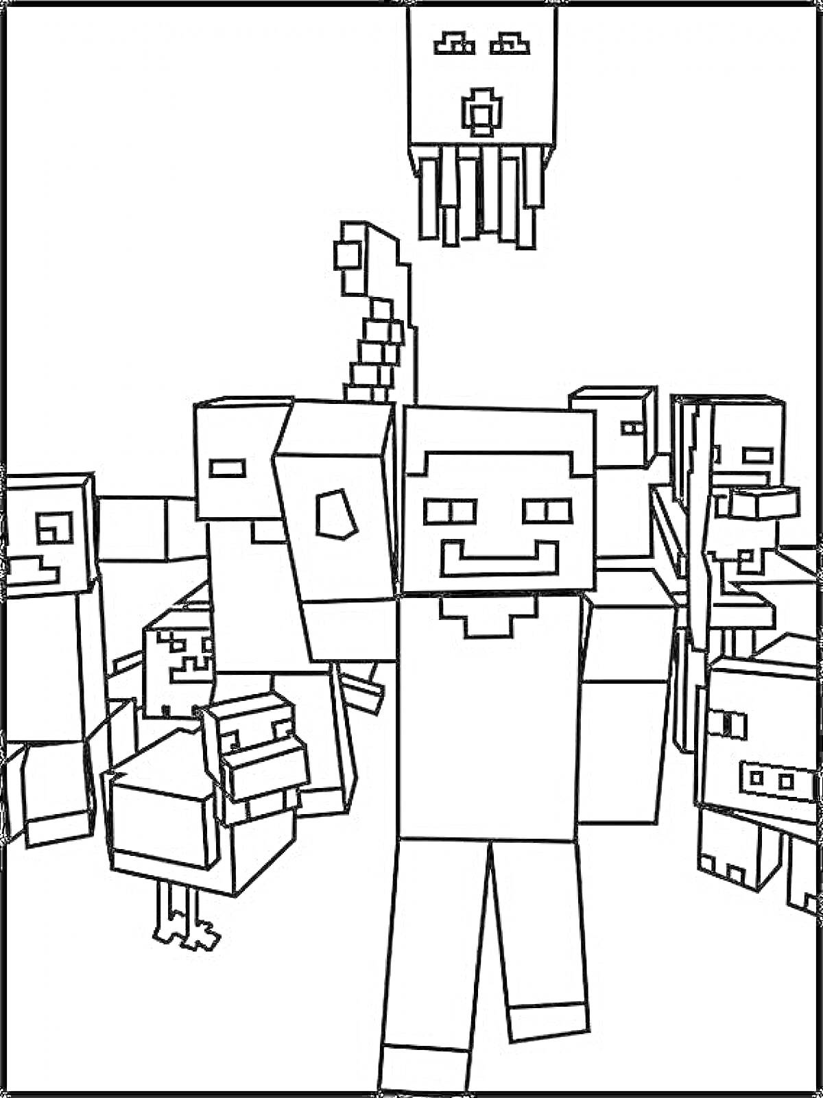 Раскраска персонажи из Minecraft с инструментом, курицей и гастом на заднем плане