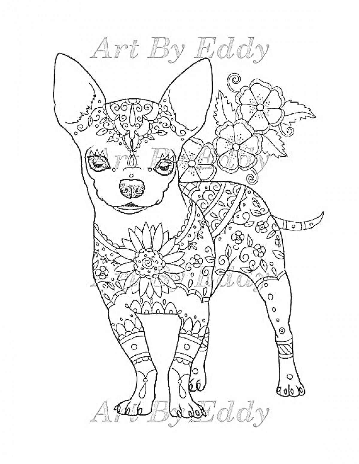 На раскраске изображено: Собака, Чихуахуа, Цветы, Животные, Искусство