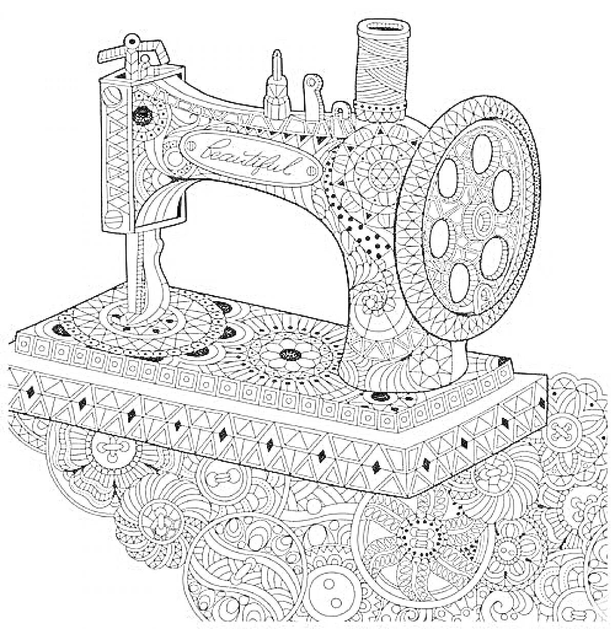 Раскраска Швейная машинка с узорами, нитками и декоративными элементами