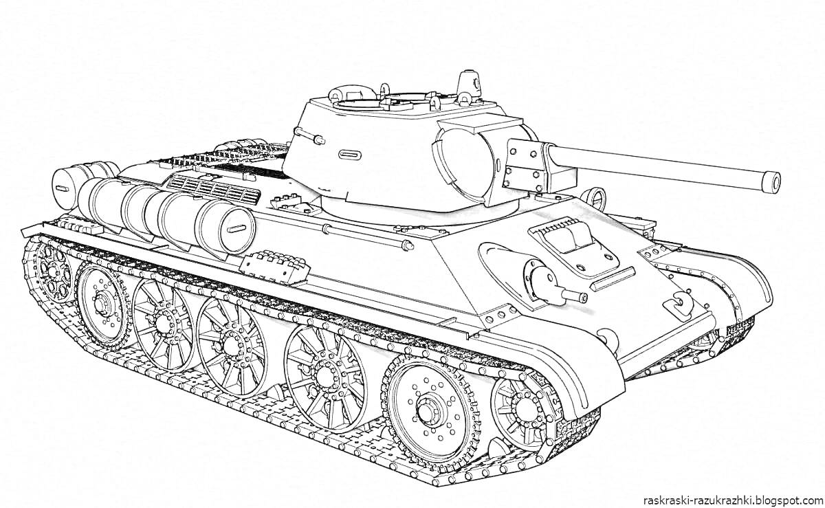 Раскраска Танк Т-34-85 с пушкой, гусеницами, люками и деталями корпуса