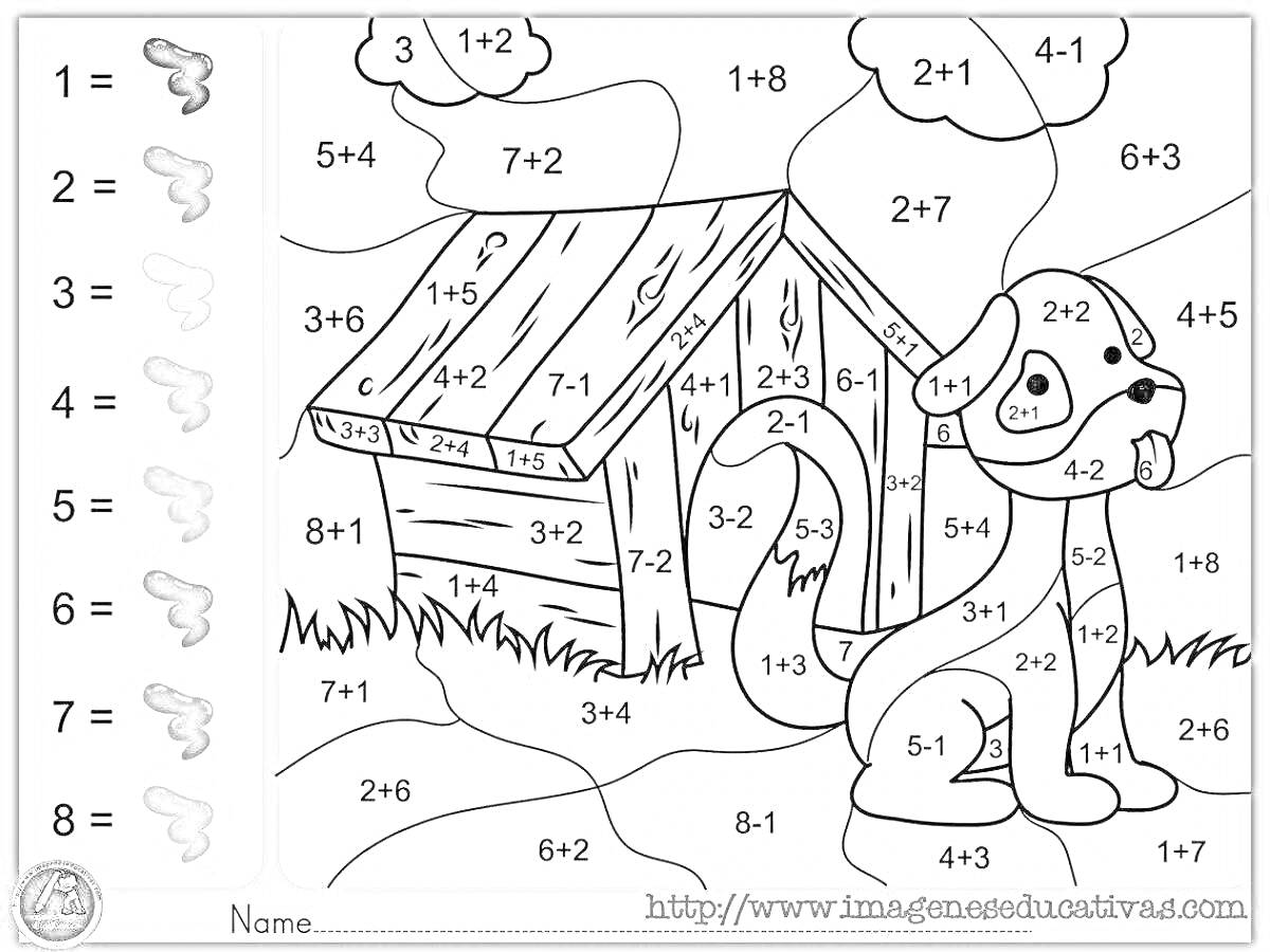 На раскраске изображено: Для детей, 5-6 лет, Домик, Собака, Сложение, Арифметика