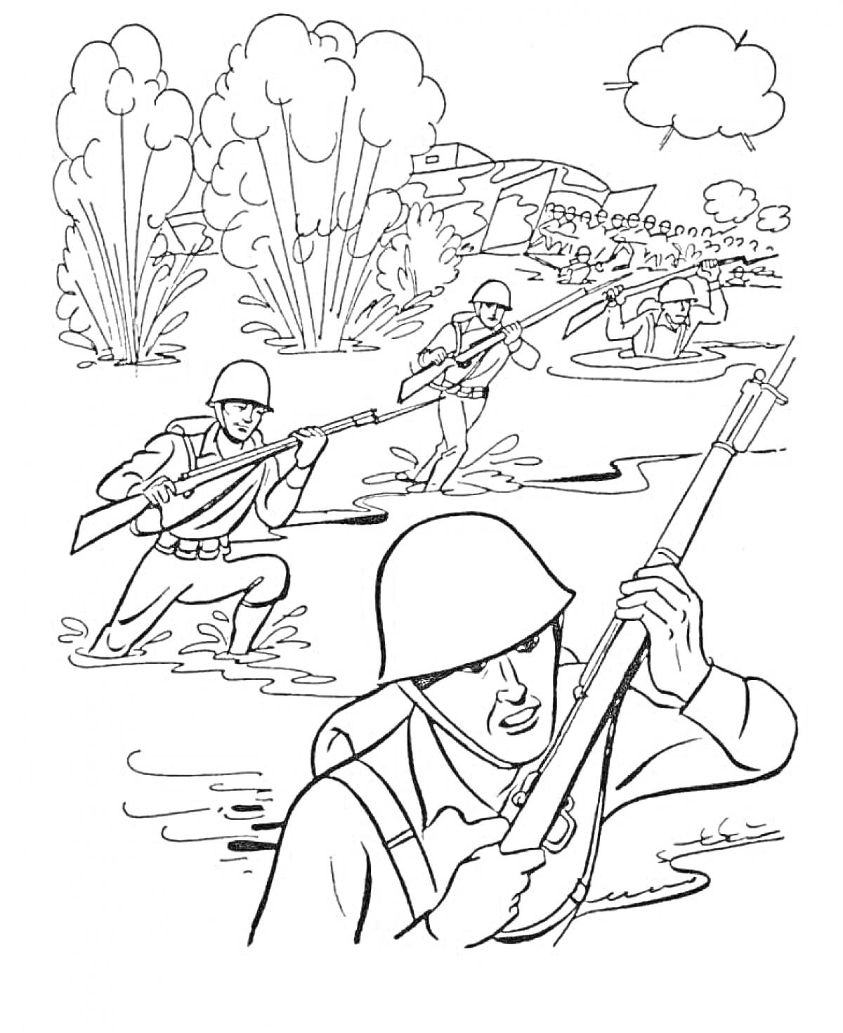 На раскраске изображено: Великая Отечественная война, Река, Обстрел, Бой, Военные, Природа, Деревья, Война