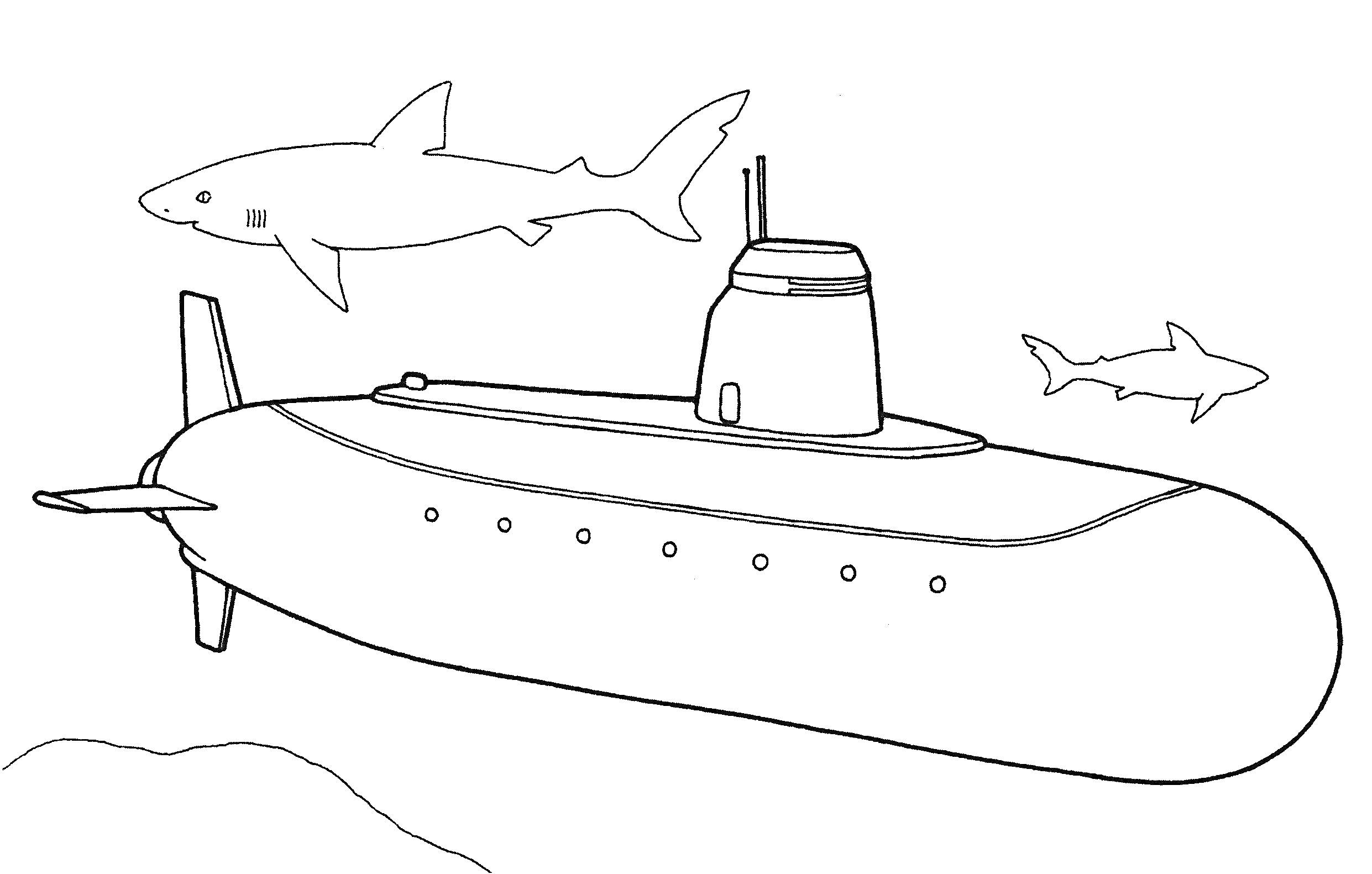 На раскраске изображено: Подводная лодка, Акулы, Морское дно, Море, Плавание