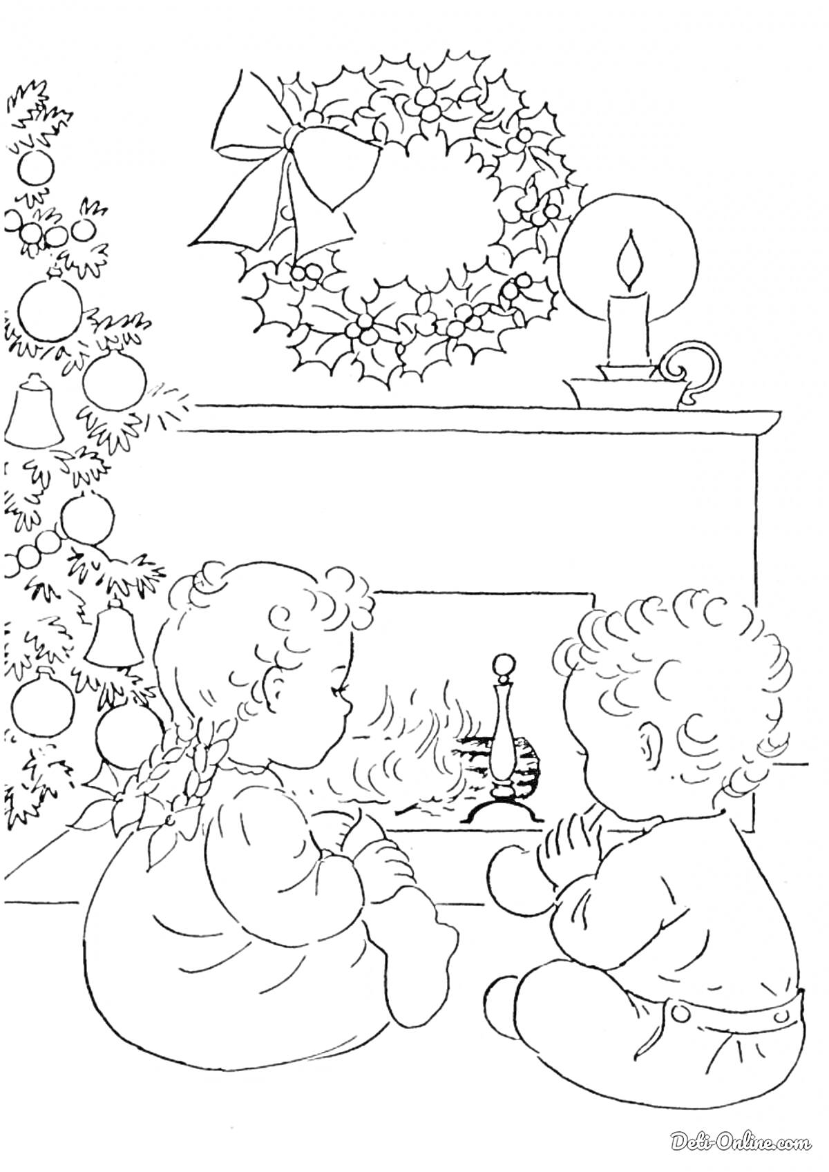 Раскраска Дети у камина с новогодней ёлкой и рождественским венком