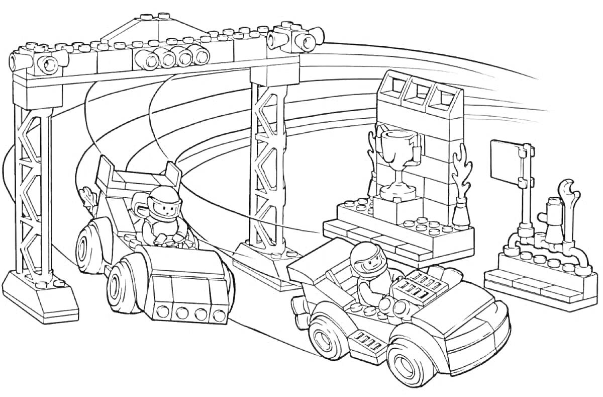 Раскраска Гоночная трасса с лего машинами, гонщиками, аркой финиша, сценой с кубком, инструментами и дорожными знаками