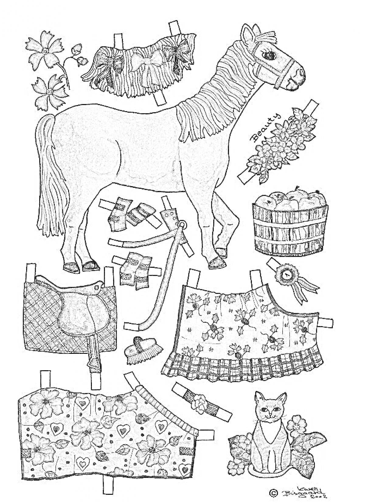 На раскраске изображено: Лошадь, Одежда, Седло, Кот, Поводок, Цветы