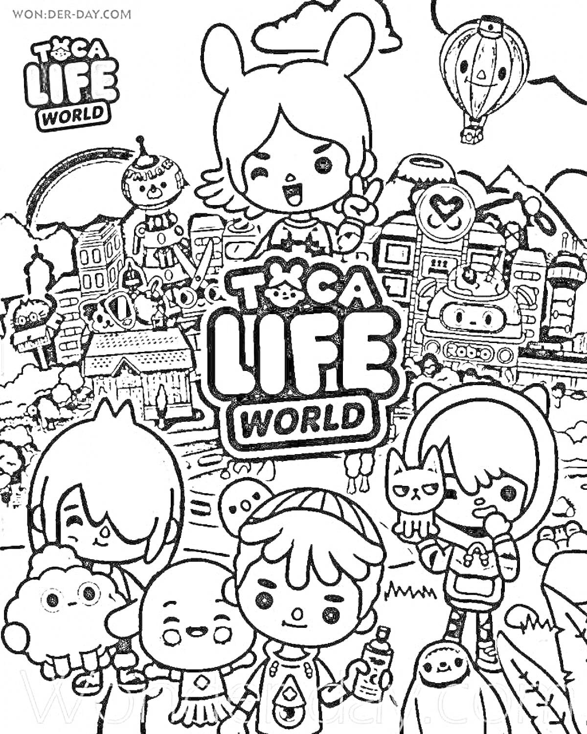 Раскраска Toca Life World - персонажи на фоне города с воздушным шаром, замком и различными строениями