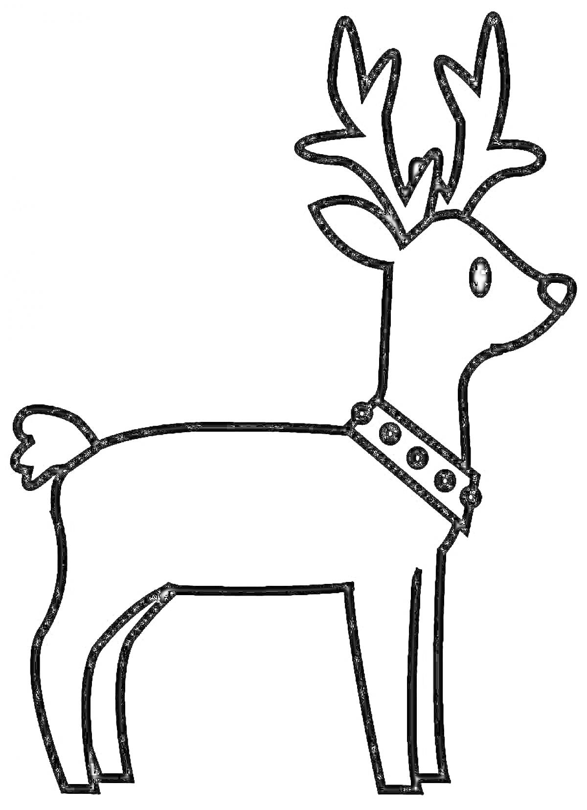 Раскраска Новогодний олень с ошейником и рогами для детей