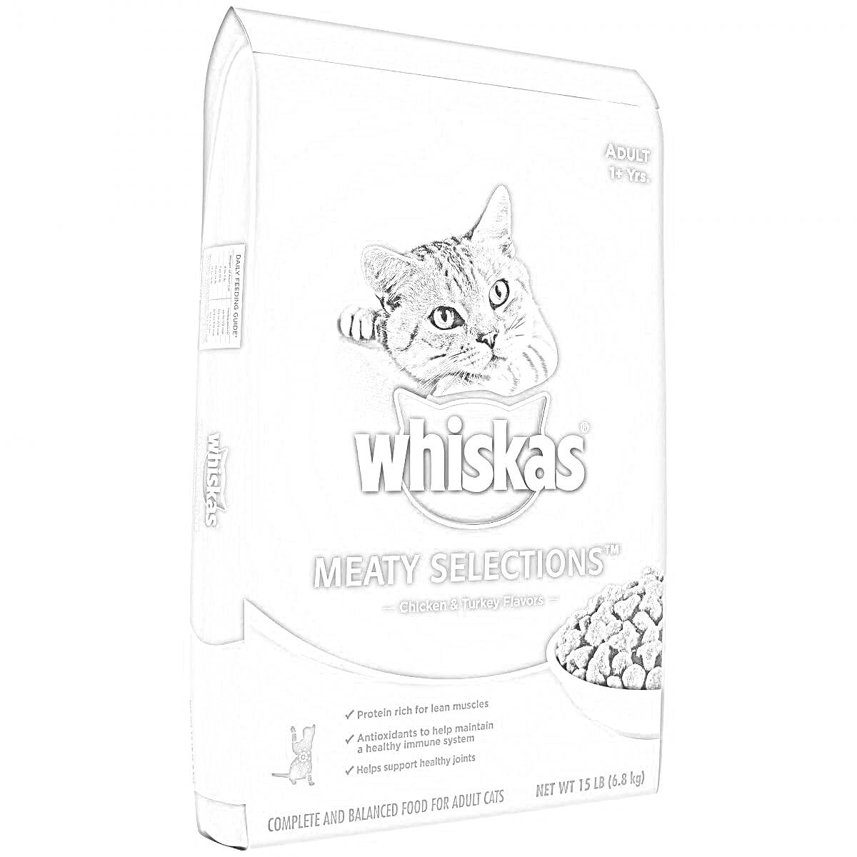 Раскраска Упаковка корма для котов Whiskas Meaty Selections с изображением кота и гранул корма