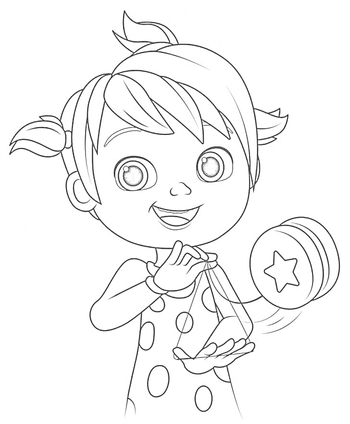 Раскраска Девочка с йо-йо в платье с кругами и двумя хвостиками