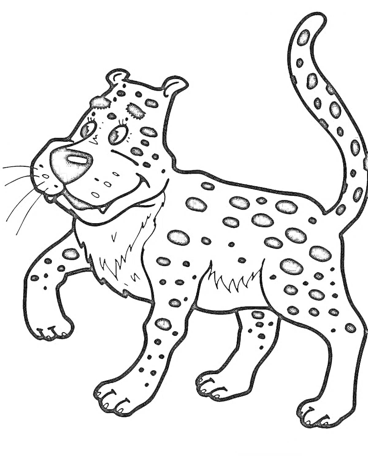 Раскраска Леопардик с пятнами, улыбается, поднятая лапа