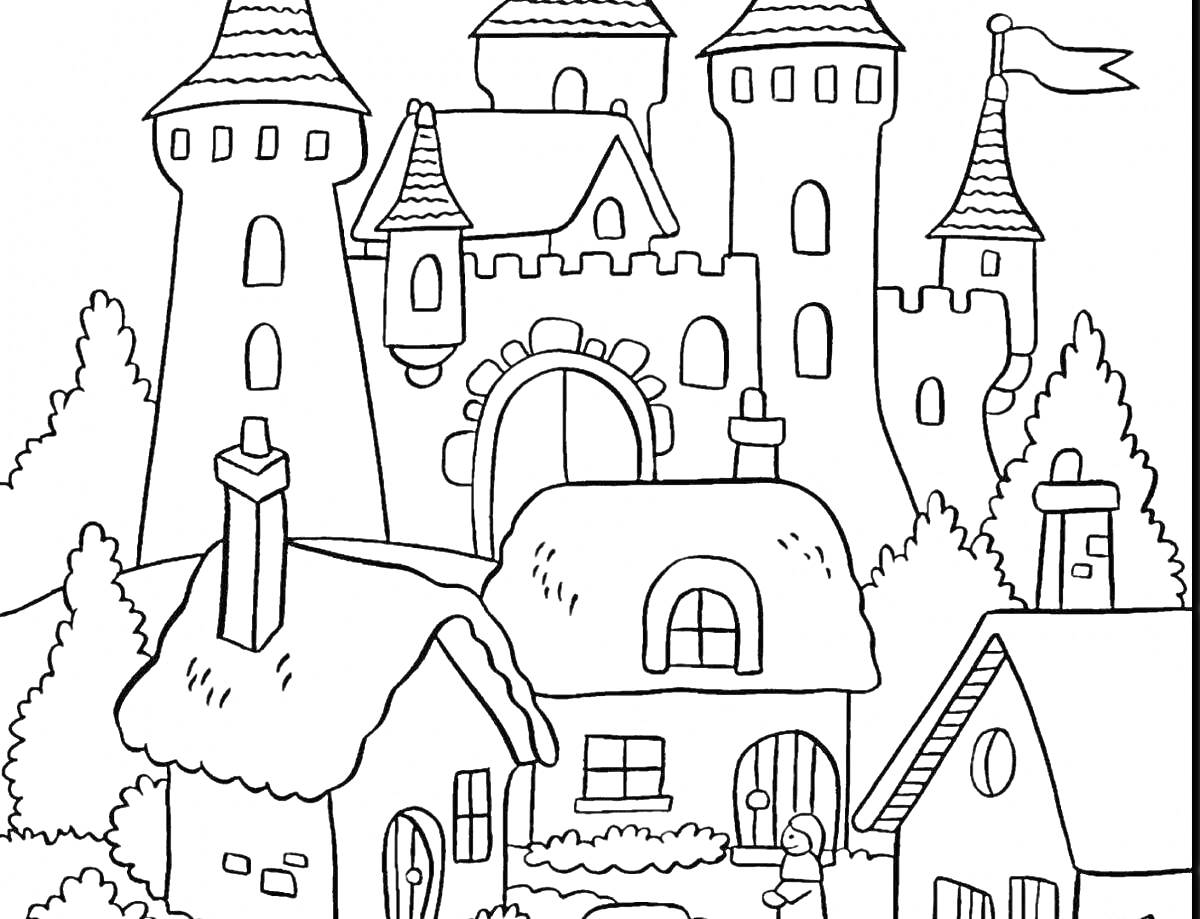 Раскраска Замок с башнями и домиками перед ним, деревья и флаг