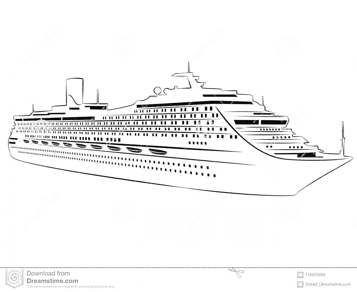 На раскраске изображено: Пассажирский корабль, Лайнер, Море, Вода, Транспорт, Круиз, Плавание, Морское путешествие, Судоходство