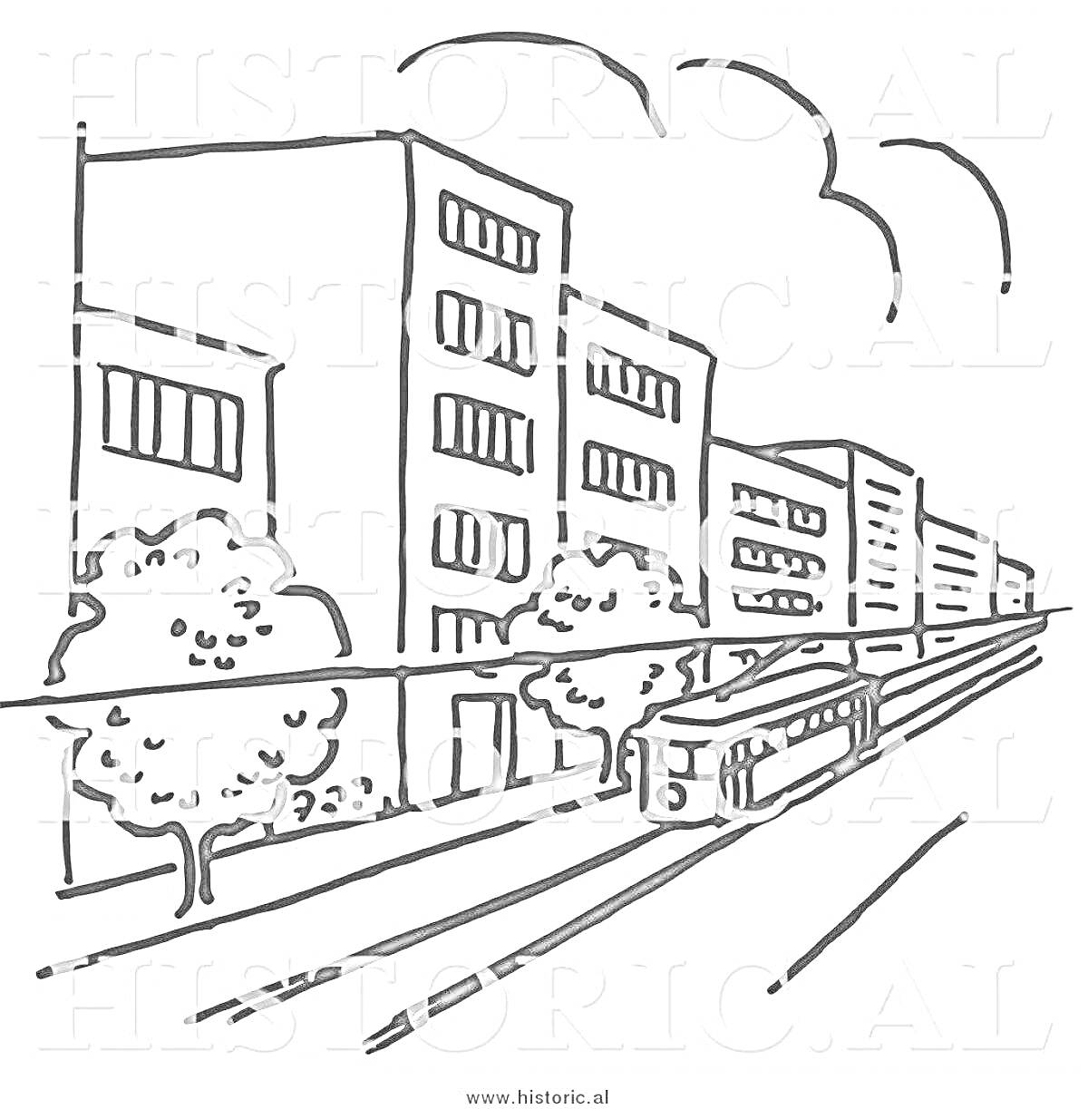 На раскраске изображено: Городская улица, Трамвай, Здания, Деревья, Облака, Транспорт, Архитектура
