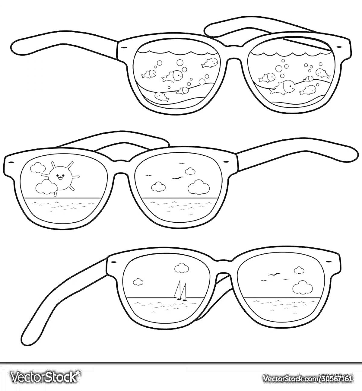 На раскраске изображено: Очки, Солнце, Облака, Вода, Море, Пляж, Солнцезащитные очки