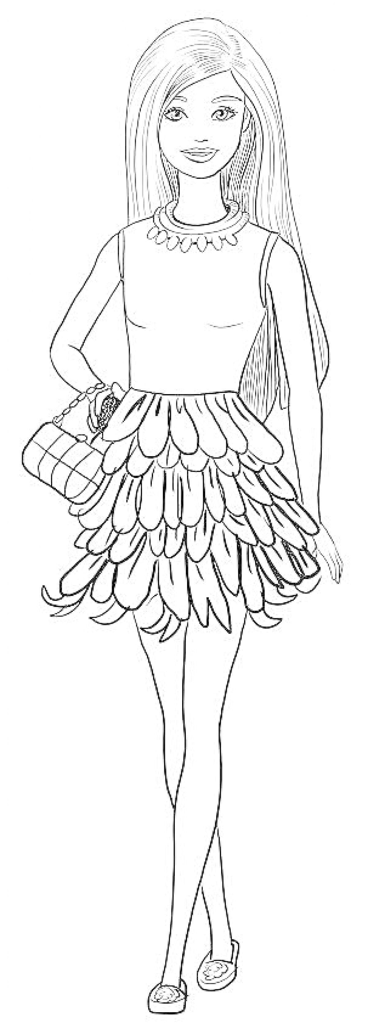 Раскраска Девушка в платье с перьями, с сумочкой и браслетом