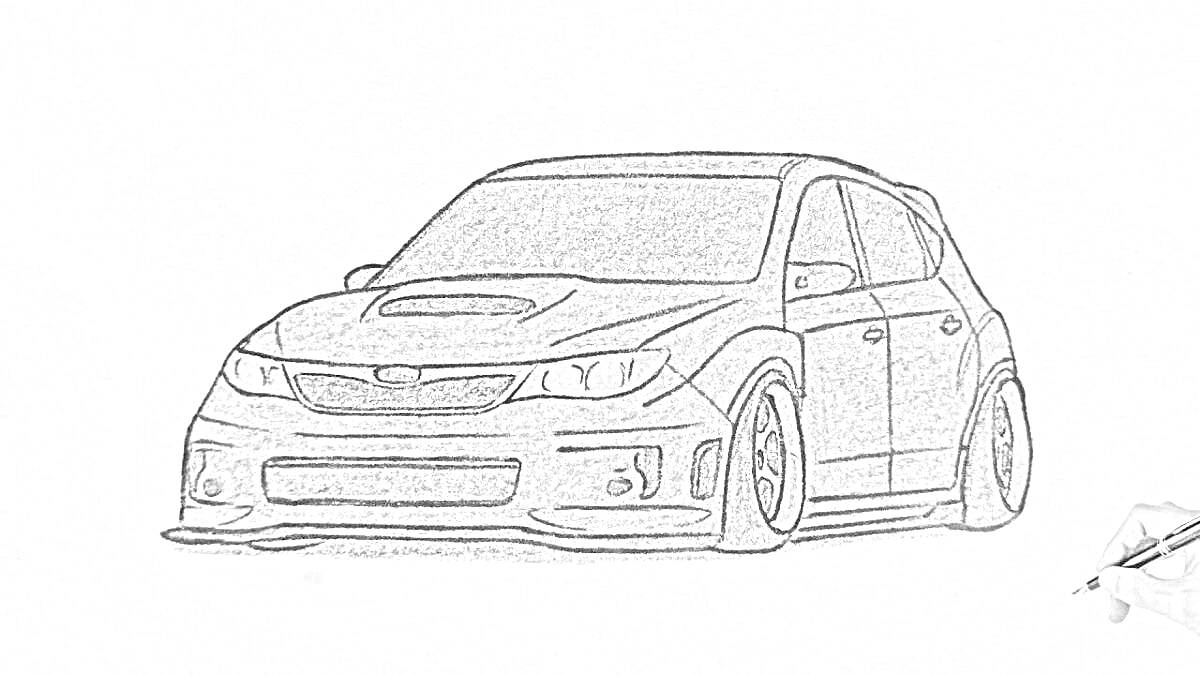 Раскраска Рисунок Subaru Impreza WRX STI с тонкими линиями, объёмными колёсами и видимой рукой художника