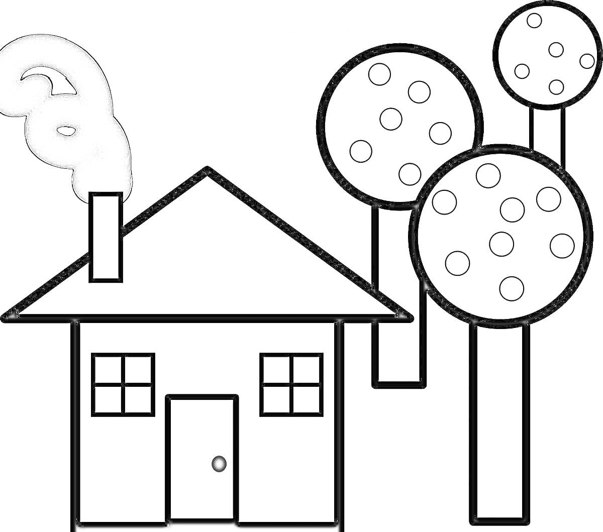 Раскраска Дом с дымящей трубой, двумя окнами и дверью, три дерева на заднем плане