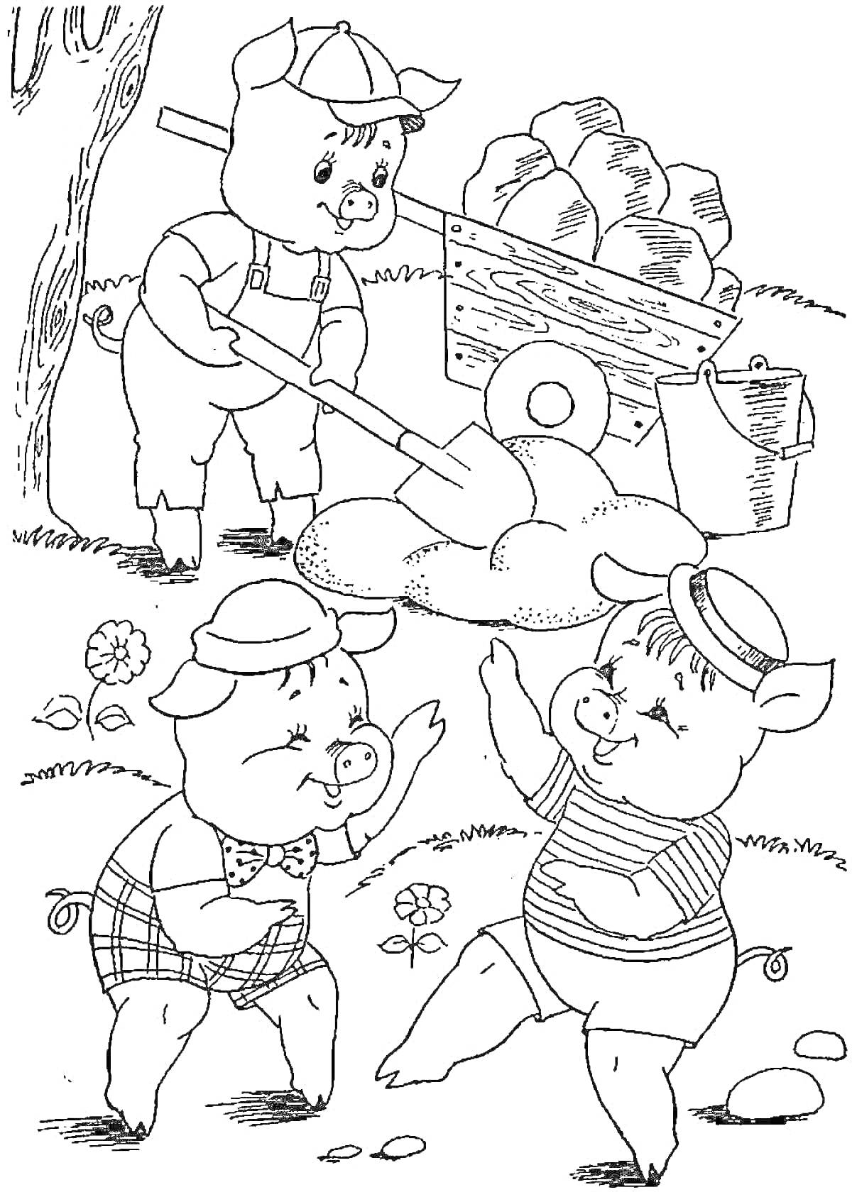 На раскраске изображено: Поросёнок, Лужайка, Тележка, Лопата, Шляпа, Костюм, Малыш, Цветы, Деревья