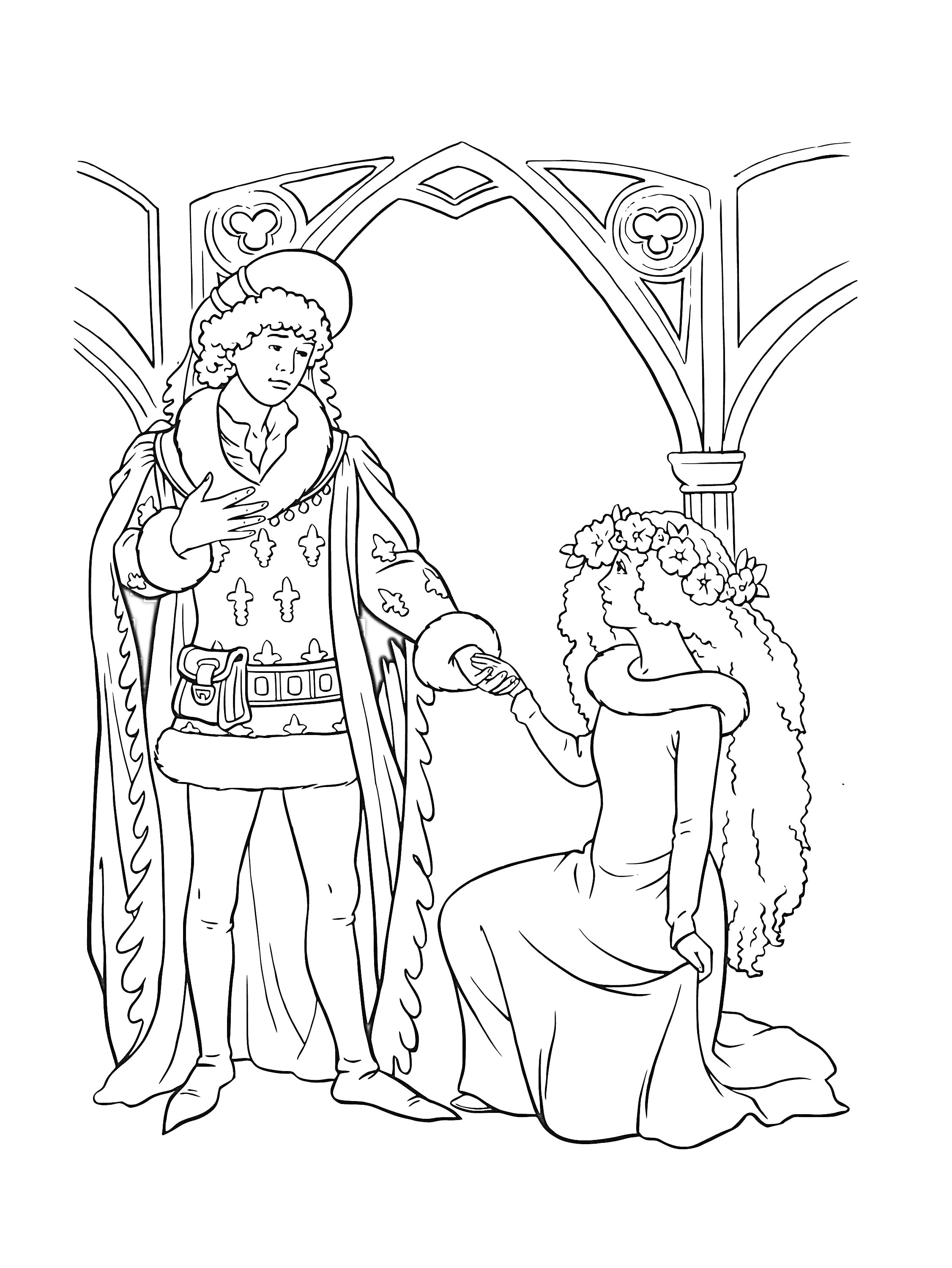 Раскраска Рике с хохолком - мужчина в средневековой одежде и женщина в платье с венком на голове, держащиеся за руки в арочном строении.