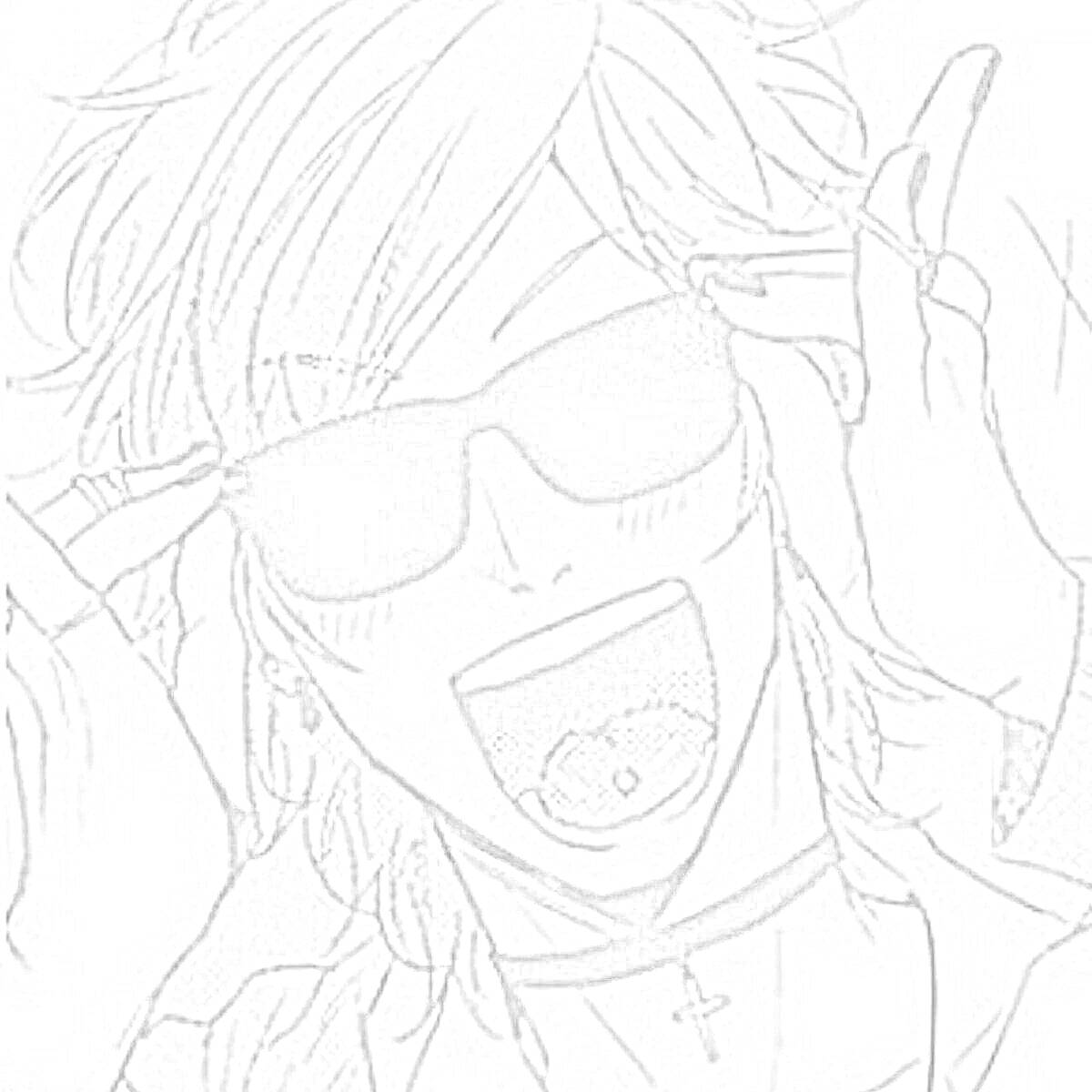 Раскраска Персонаж в солнцезащитных очках с пирсингом в языке и ожерельем-крестом на шее