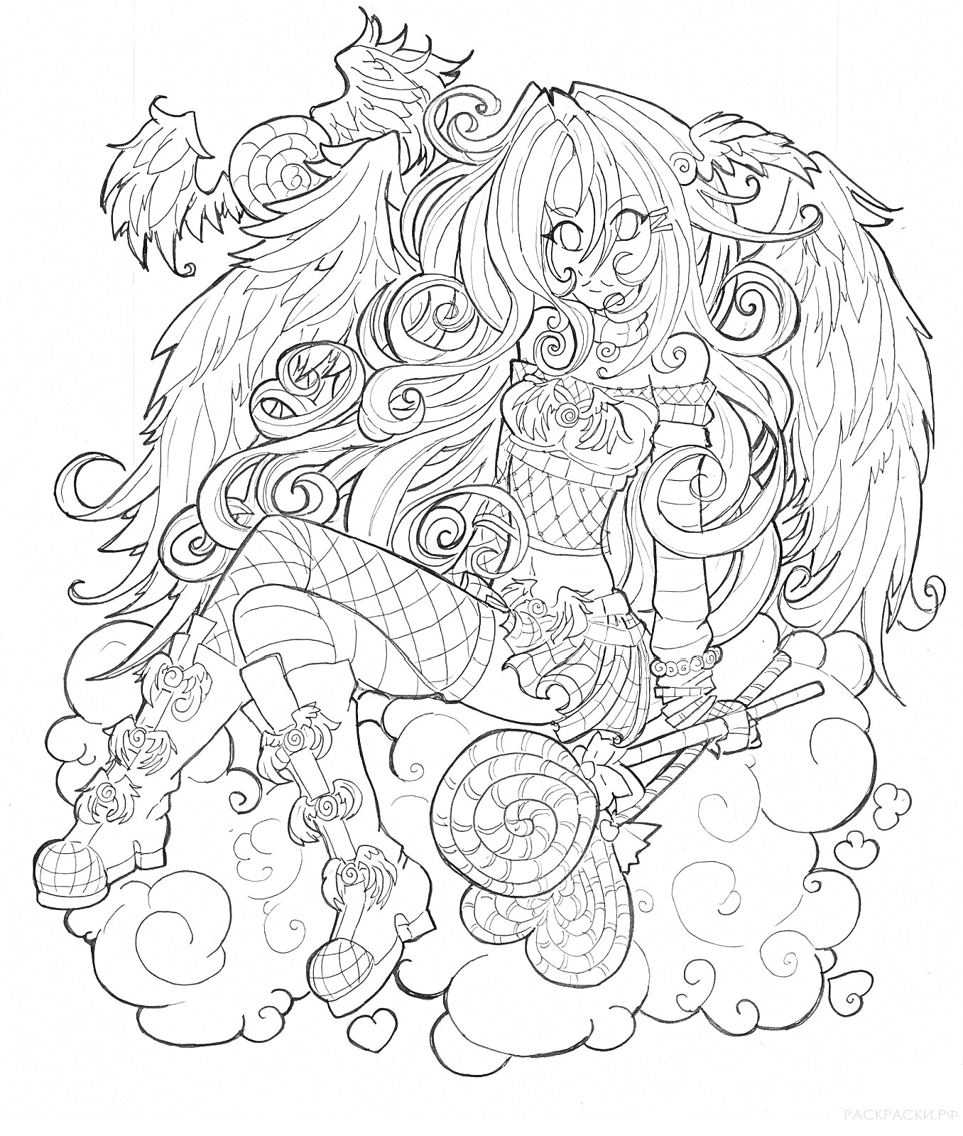 Раскраска Девушка с крыльями, длинными волосами, сидящая на облаке, с сердечками и спиралями на фоне