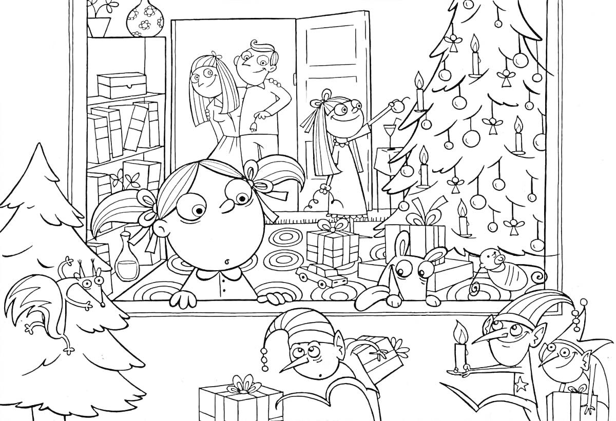 На раскраске изображено: Новый год, Девочка, Игрушки, Подарки, Украшения, Родители, Ребенок, Комната, Эльфы