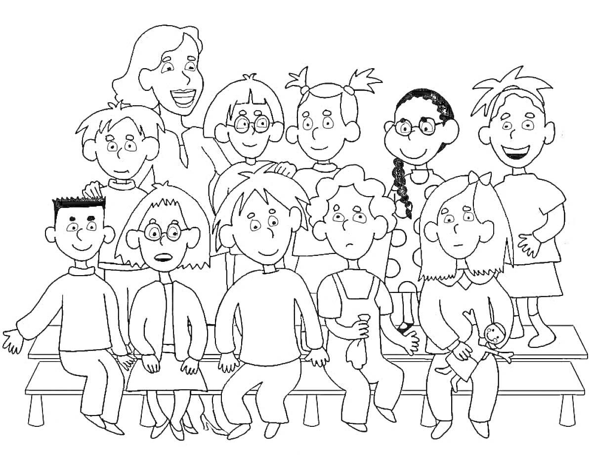 Раскраска Учитель с группой учеников в классе, сидящих на скамье