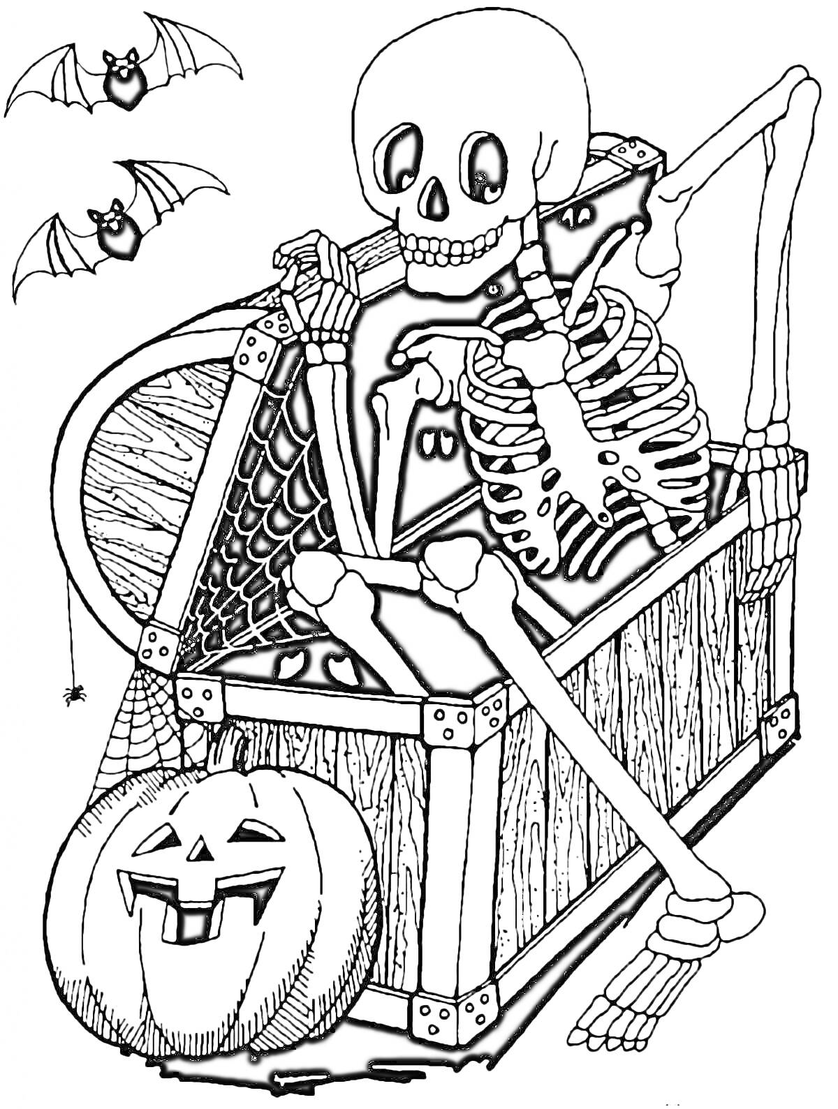 На раскраске изображено: Скелет, Паутина, Тыква, Хэллоуин, Кости, Летучая мышь, Пауки, Сундуки
