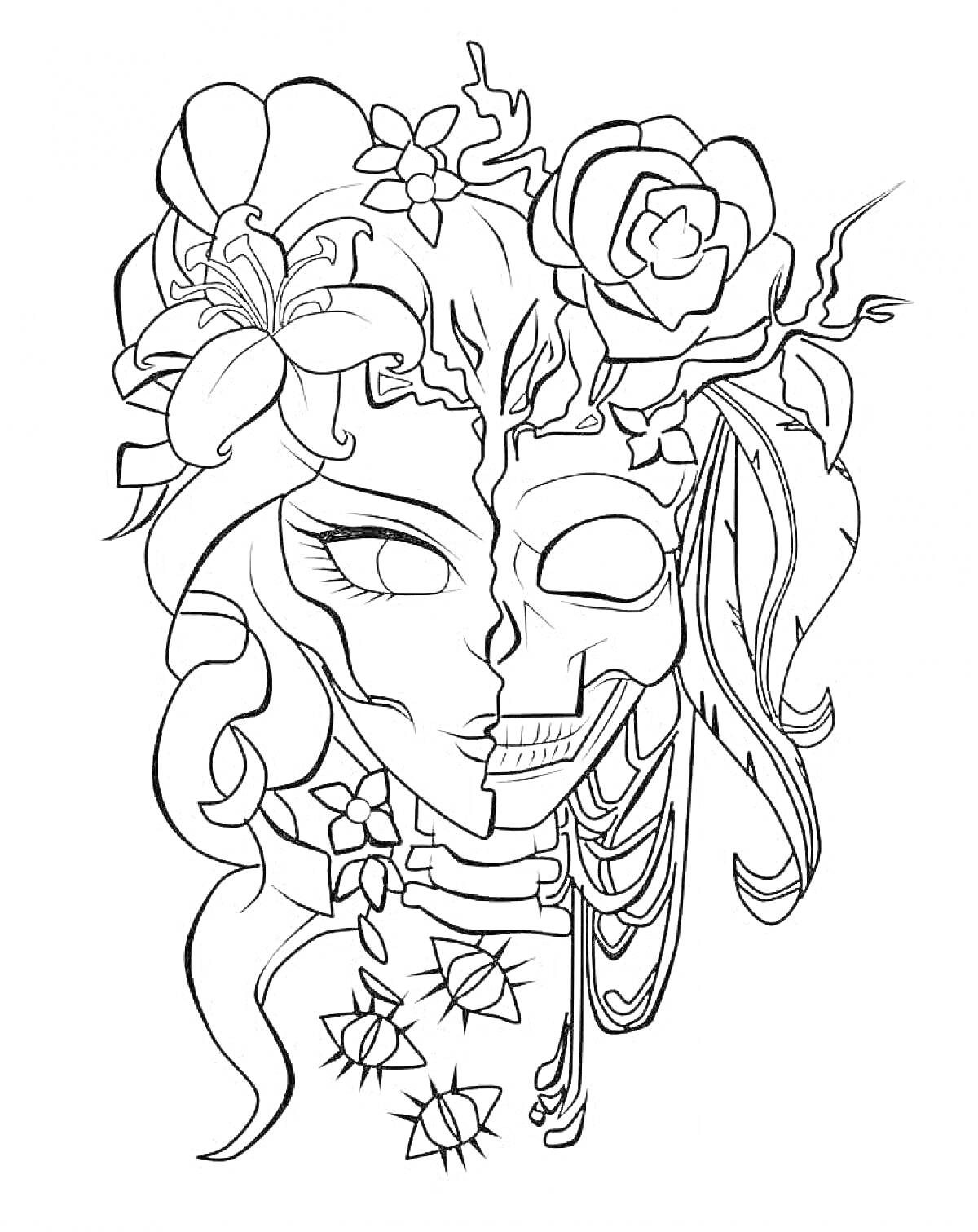 На раскраске изображено: Лицо, Маска, Череп, Цветы, Листья, Волосы
