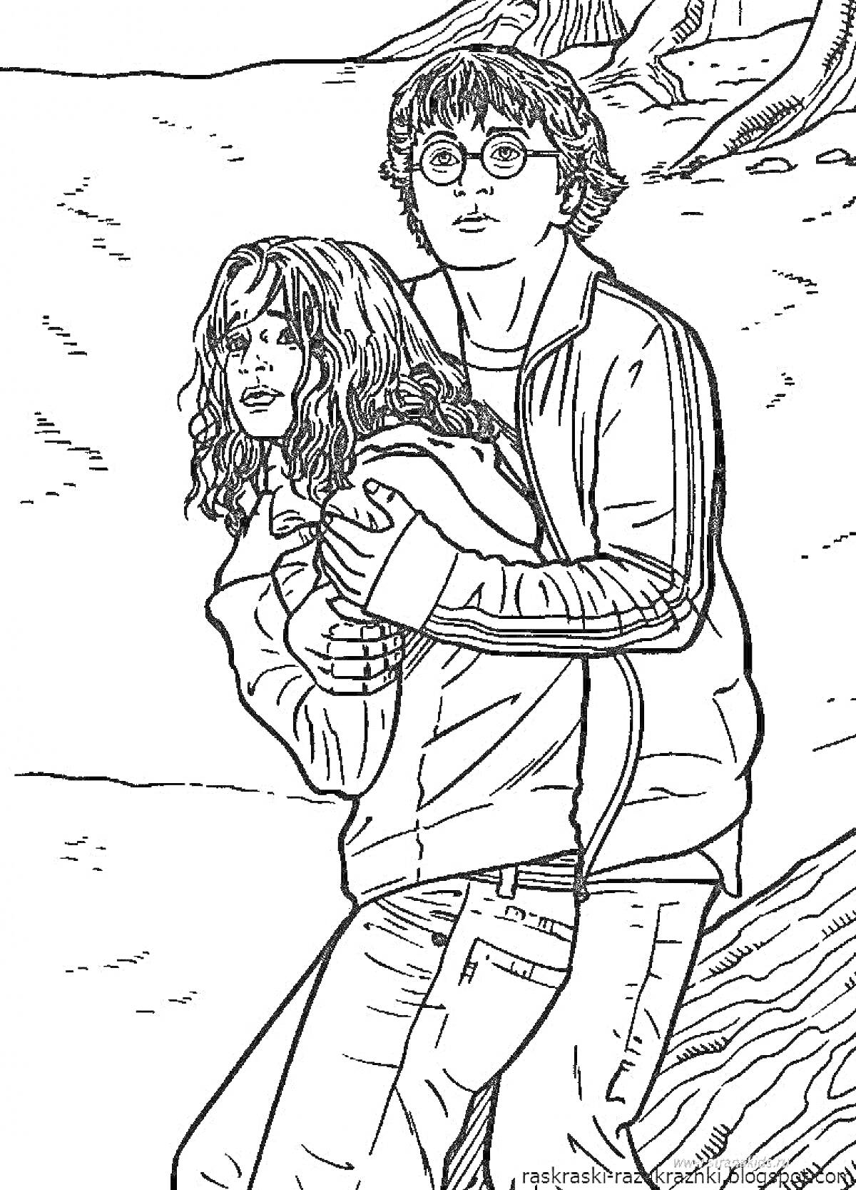 Раскраска Два персонажа: юноша в очках и девушка, он обнимает её сзади, они на фоне природы
