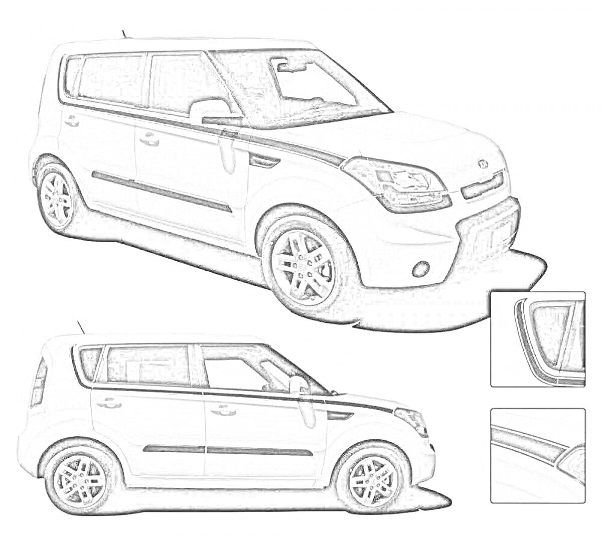 Раскраска Изображение автомобиля Kia Soul с различными углами обзора и деталями кузова