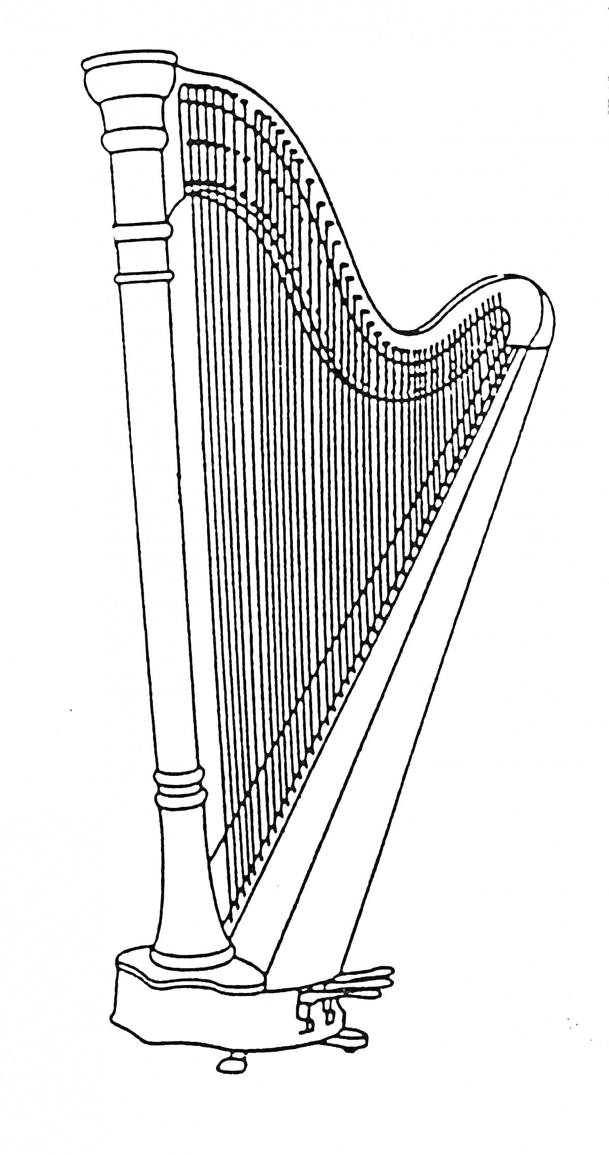 Раскраска Арфа с колонной, струнами и педалями