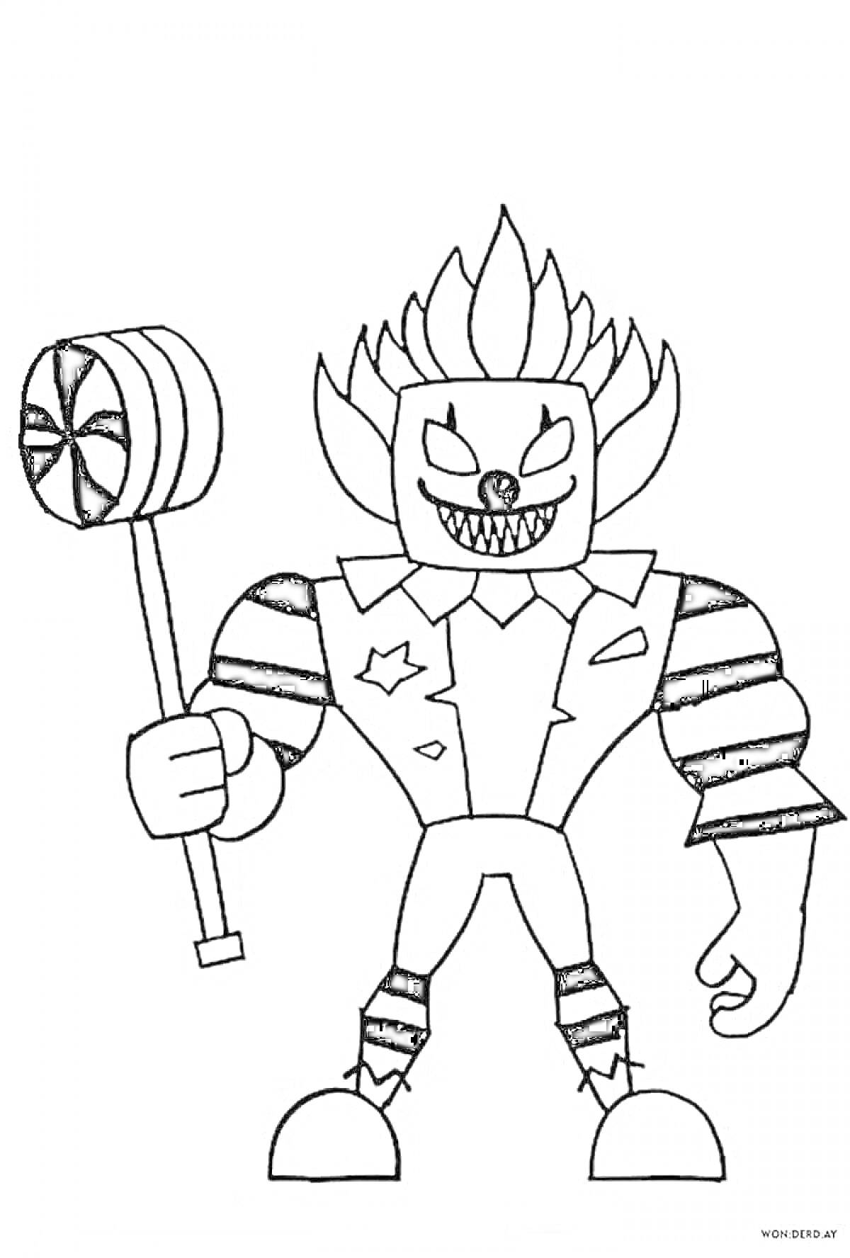 Раскраска Роблокс монстр с молотом, обликом клоуна, с шипами на голове, в полосатом костюме