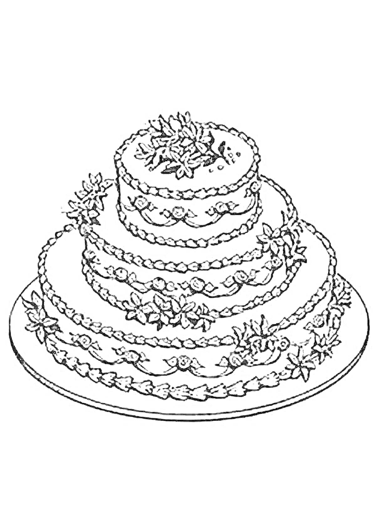 Раскраска трехъярусный торт с цветочными украшениями и узорами