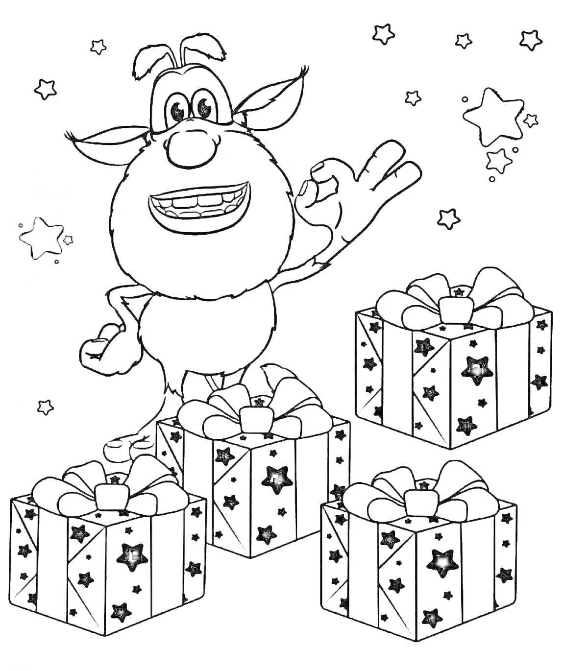 На раскраске изображено: Буба, Подарки, Звезды, Новогодние подарки, Контурные рисунки