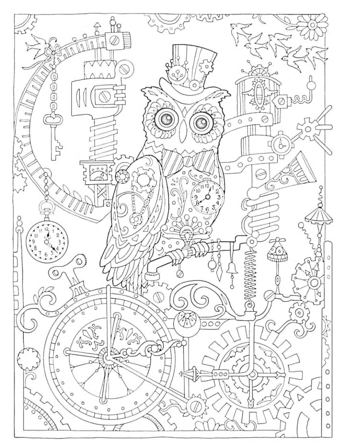 Антистресс раскраска с совой в цилиндре среди шестеренок, часов и механизмов