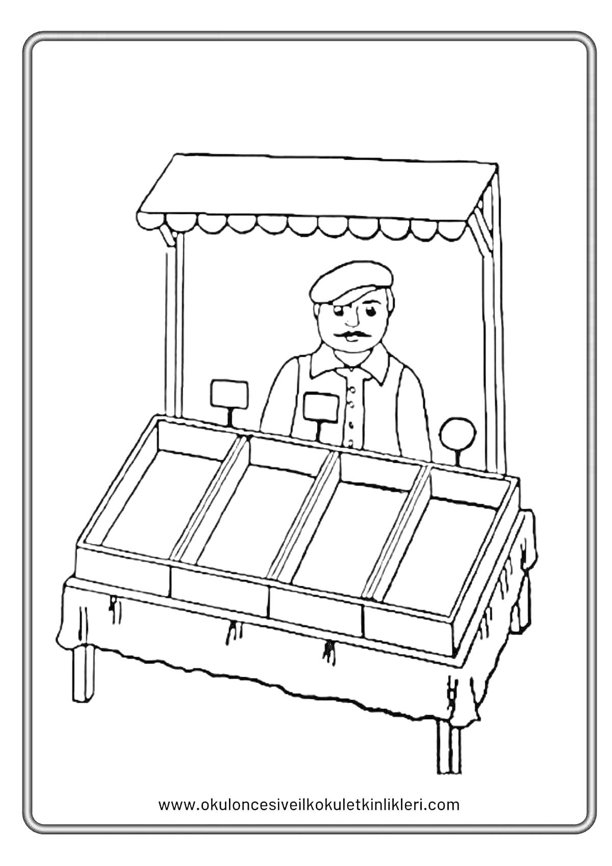 РаскраскаПродавец за прилавком с пустыми ящиками под навесом