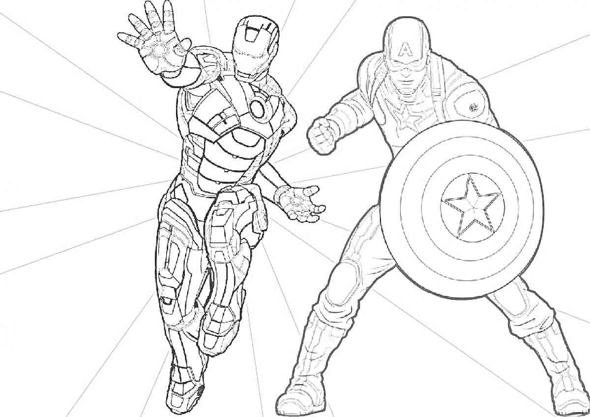На раскраске изображено: Капитан америка, Железный человек, Супергерои, Бой, Щит, Комиксы, Экшн, Марвел