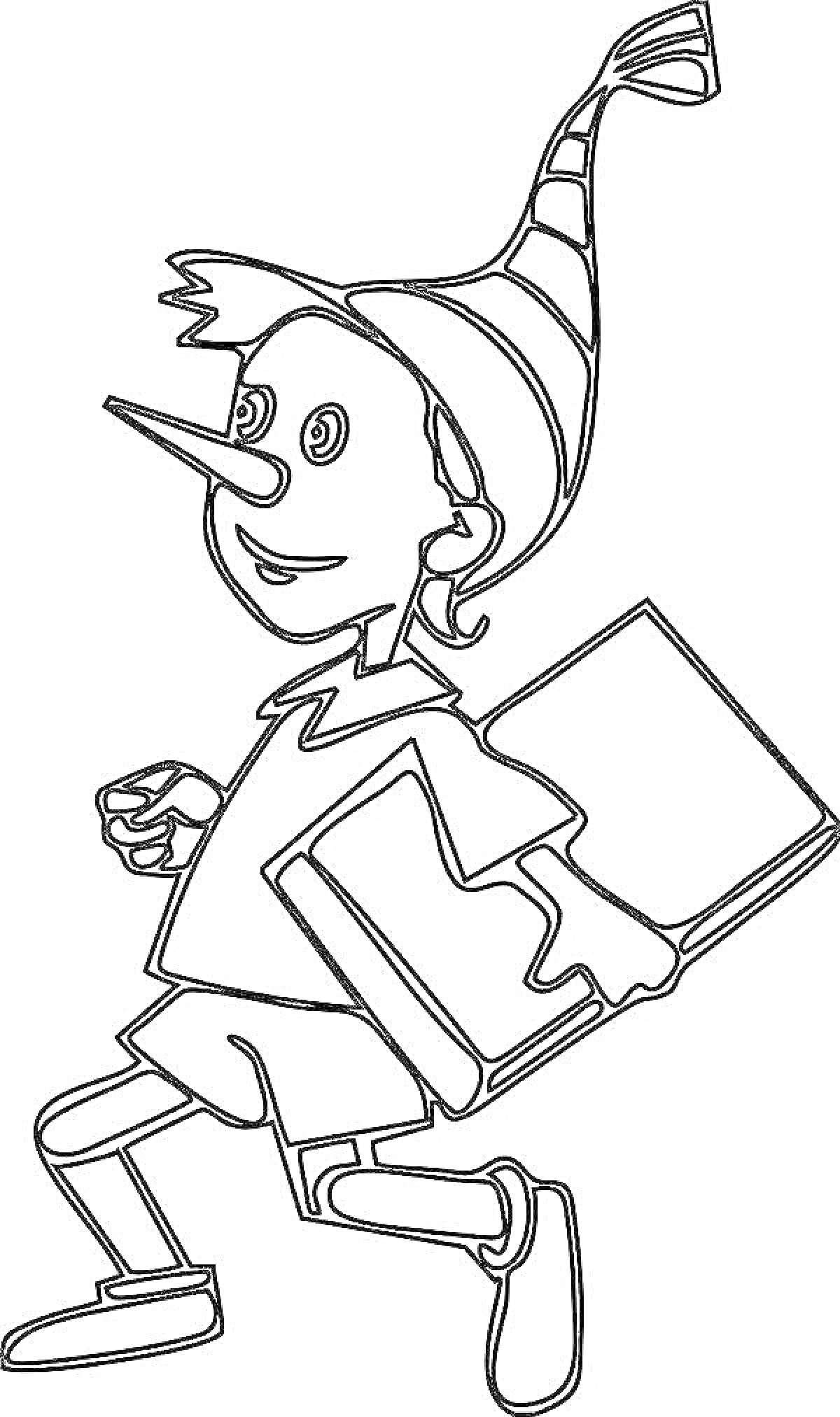 На раскраске изображено: Буратино, Книга, Полосатая шапка, Деревянная кукла