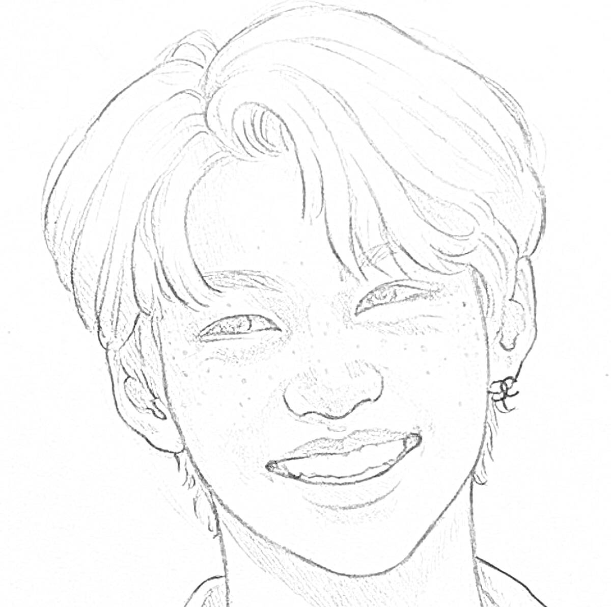 Раскраска Портрет улыбающегося человека с короткими волосами, серьгой и веснушками